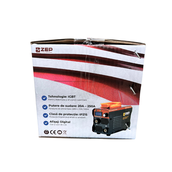 Aparat sudura ZEP ES002, 250A, Invertor MMA, electrod 1.6–5 mm, 12 KVA, conector 16-25