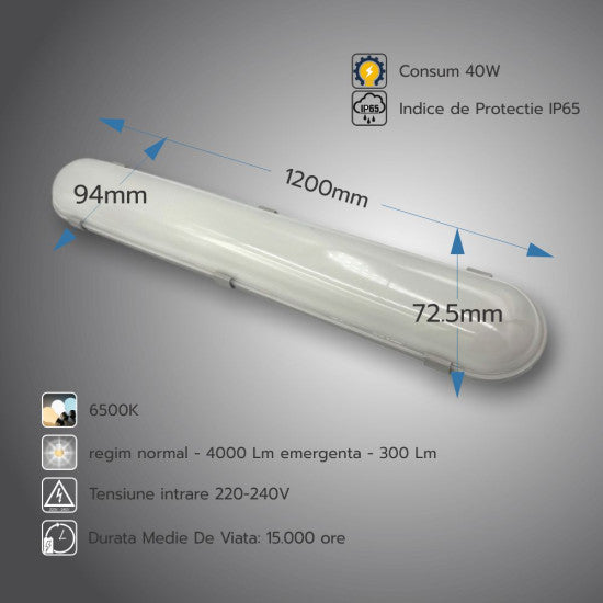 Corp LED IP65 40W, 1200x94x72.5mm, 6500K, emergenta 3h