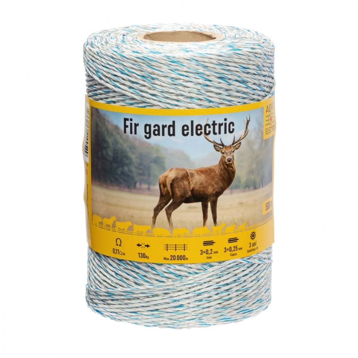 Fir gard electric 500m, rezistență 130kg, 0,11 Ω/m, inserții inox și cupru, pentru animale