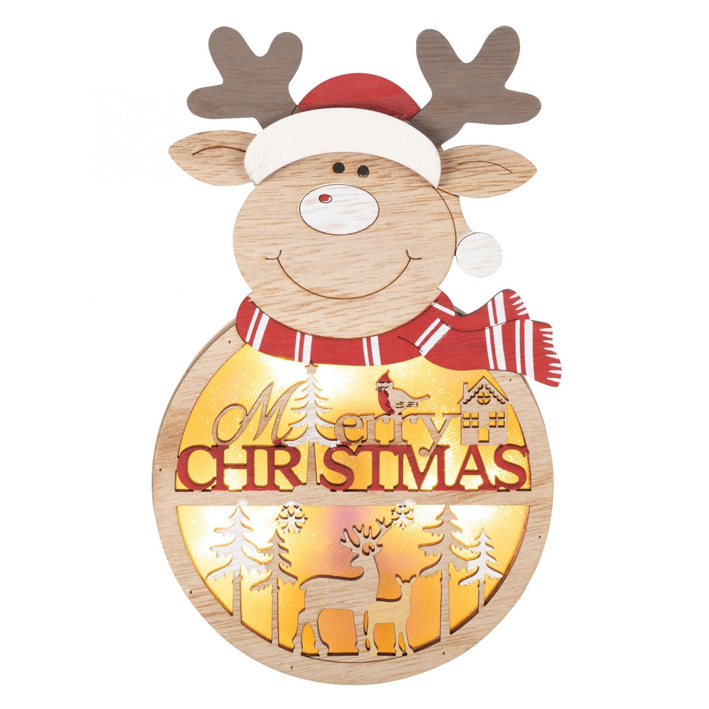 Decor Lemn Fereastra sau Usa cu Ren, 4 LED-uri Alb Cald, Timer 6/18h, KLW21R