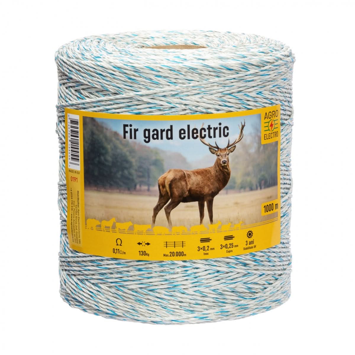 Fir gard electric 1000m, 130kg rezistenta, 0.11 ohm/m, insertii inox si cupru, pentru animale
