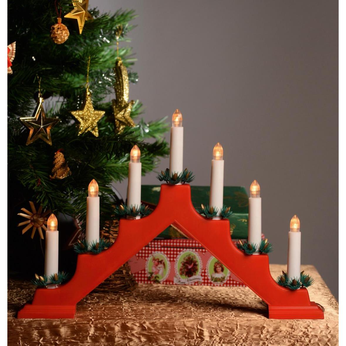 Decor Piramida LED, 7 Lumini Alb Cald, Timer 6/18h, Plastic Rosu, Interior, 41x27 cm, KAL02