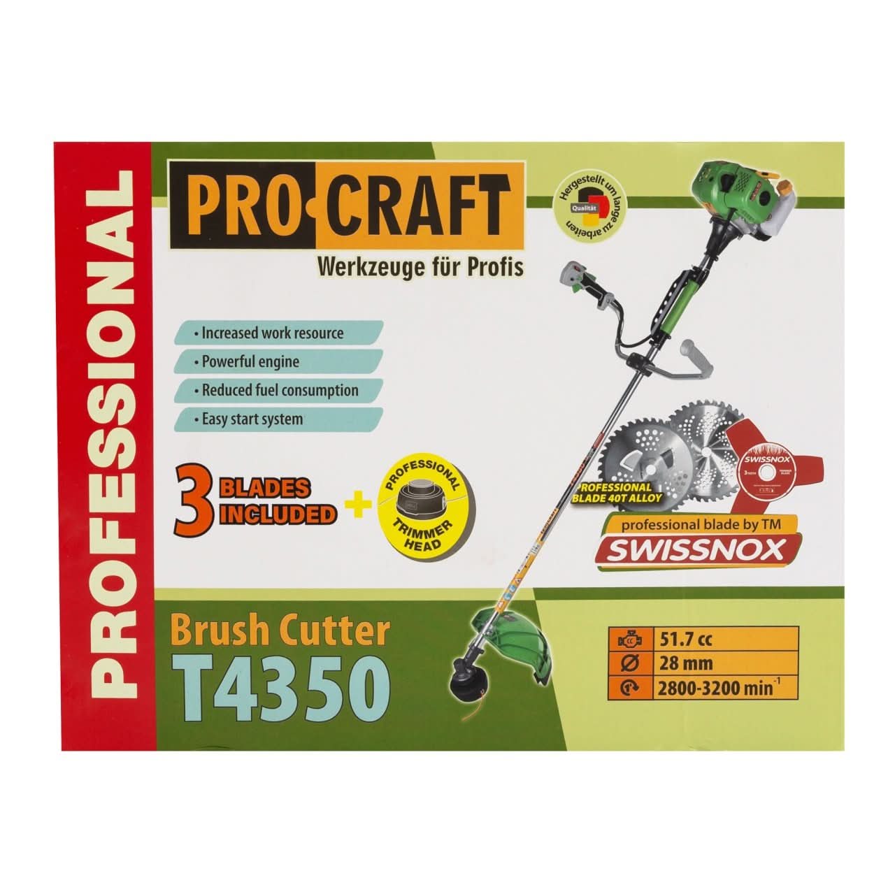 Motocoasa pe benzina ProCraft T4350, 4.8 CP, 4350W, 9000 rpm + 4 sisteme de taiere