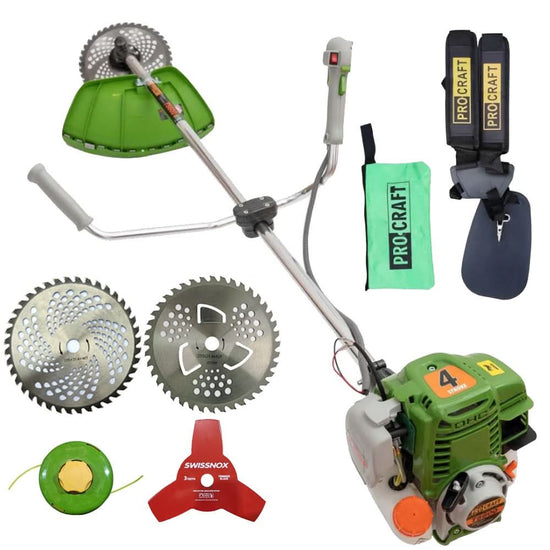 Motocoasa pe benzina ProCraft T5600, 7.8 CP, motor 4 timpi, 38.9cc, 9000 RPM, 1.2L, ham si 3 discuri incluse