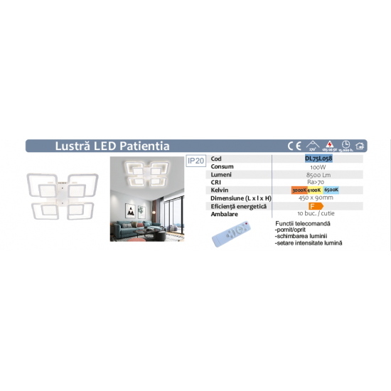 Lustra LED PATIENTIA 100W, 8 Brate, 450x90 mm, 3 Culori, IR