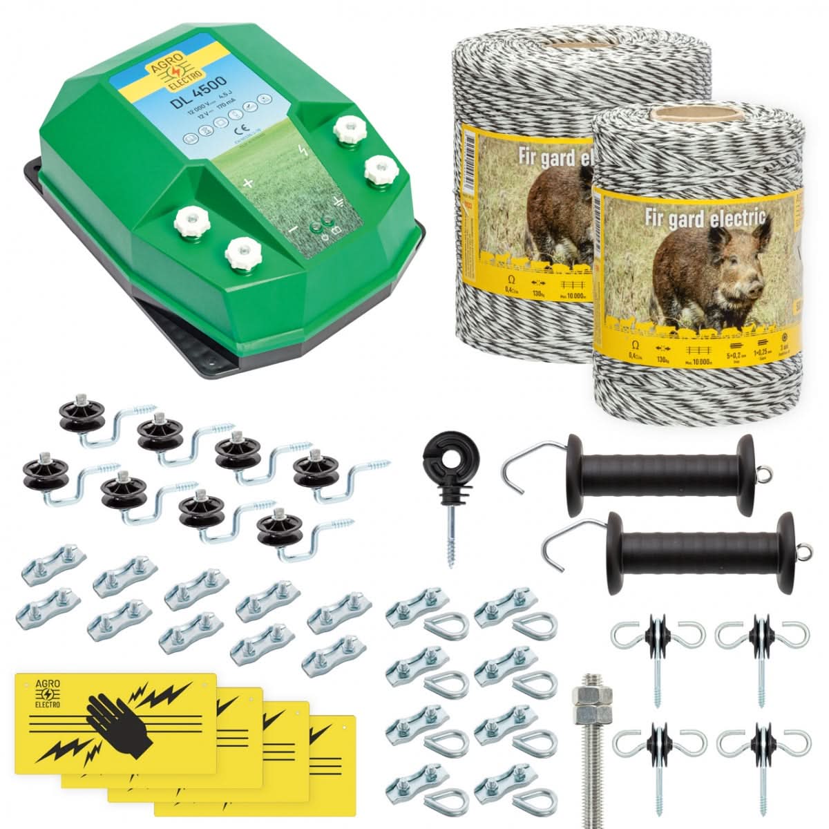 Pachet gard electric complet 1500m 4.5 Joule pentru animale salbatice fir izolatori maner poarta conectori