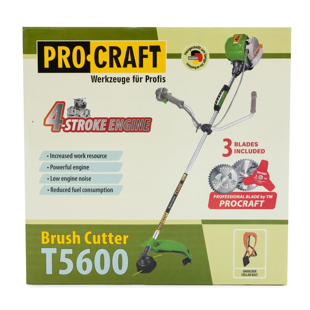 Motocoasa pe benzina ProCraft T5600, 6.3 CP, motor 4 timpi, 62cc, 9000 RPM, 1.2L, ham si 3 discuri incluse