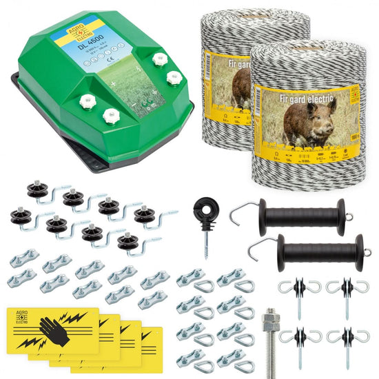 Pachet gard electric complet 2000m 4.5 Joule pentru animale salbatice fir izolatori maner poarta conectori