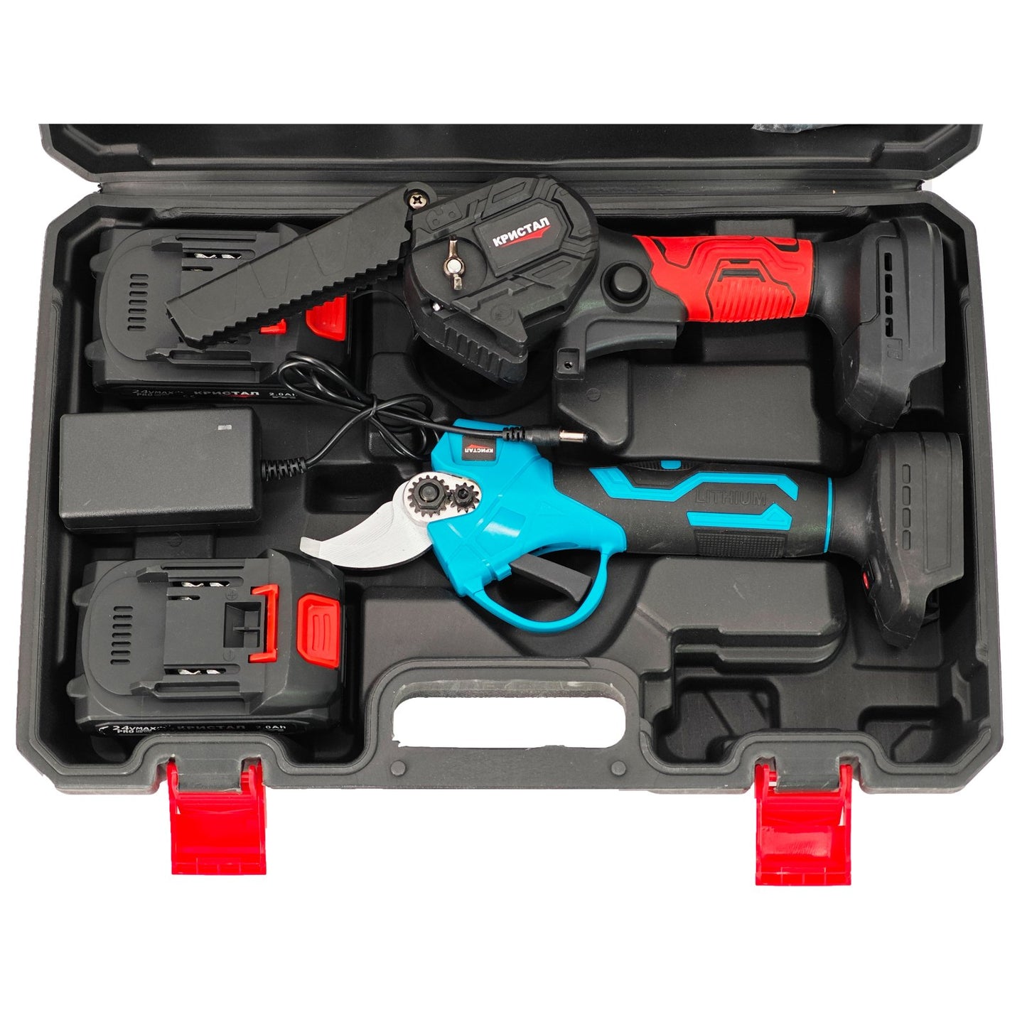 Set mini drujba si foarfeca electrica cu 2 acumulatori 24V 2Ah DDT CRISTAL cu accesorii incluse