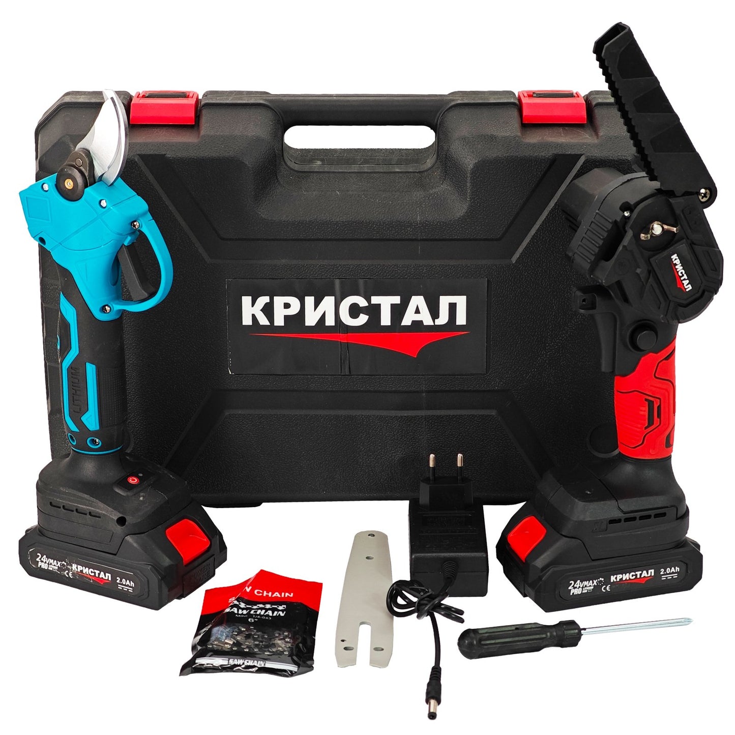 Set mini drujba si foarfeca electrica cu 2 acumulatori 24V 2Ah DDT CRISTAL cu accesorii incluse