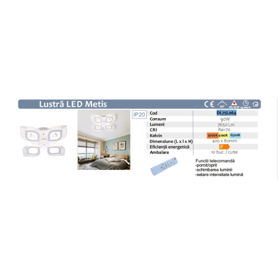 Lustra LED METIS 90W, 4 Brate, 400x80 mm, 3 Culori, IR