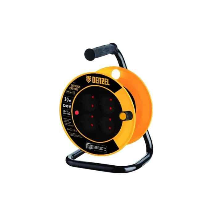 Prelungitor DENZEL 30 m cu tambur, 4 prize, IP20, cablu H05VV-F 3x1.5 mm, 3200 W
