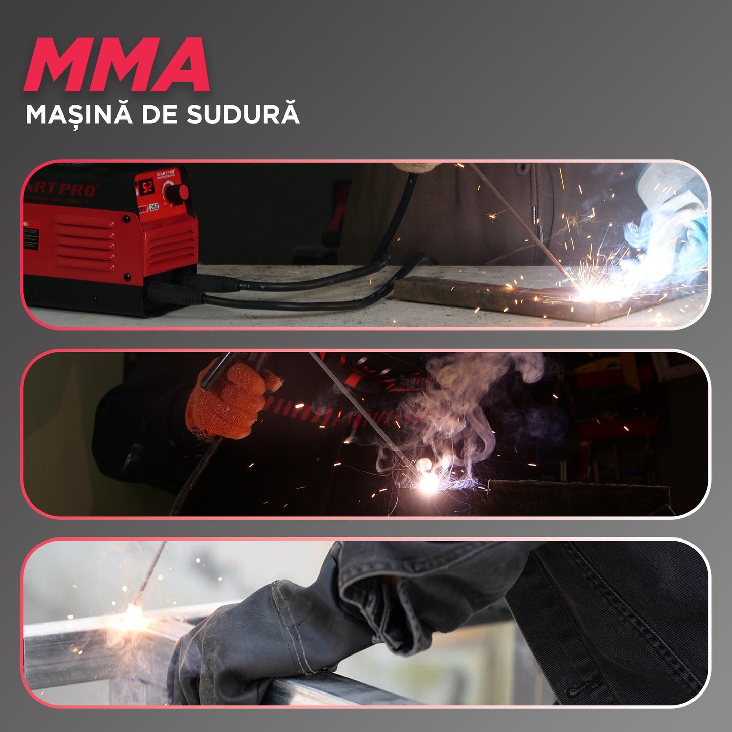Aparat sudura PROFESIONAL StartPro SPI-250MM, MMA, 20–250A, IGBT