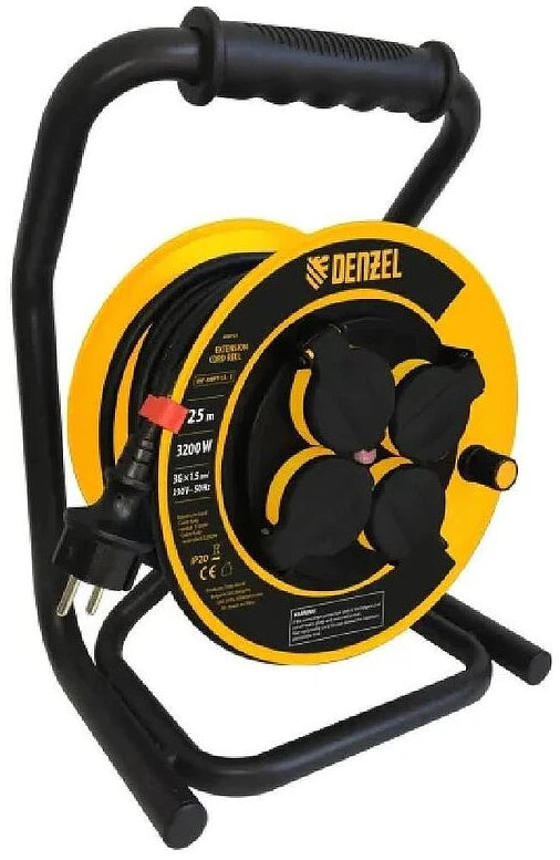 Prelungitor DENZEL 25 m cu tambur, 4 prize, cablu 3x1.5 mm, maner transport, pentru interior si exterior protejat