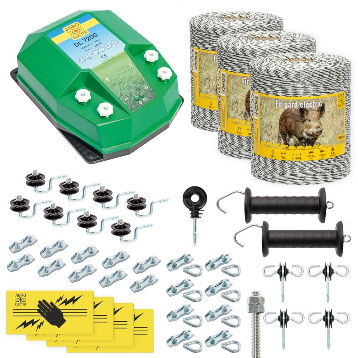 Pachet gard electric complet 3000m 7.2 Joule pentru animale salbatice fir izolatori maner poarta conectori