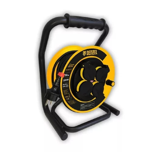 Prelungitor DENZEL 30 m cu tambur, 4 prize, IP44, cablu 3x1.5 mm, 14A, 3200W, pentru exterior
