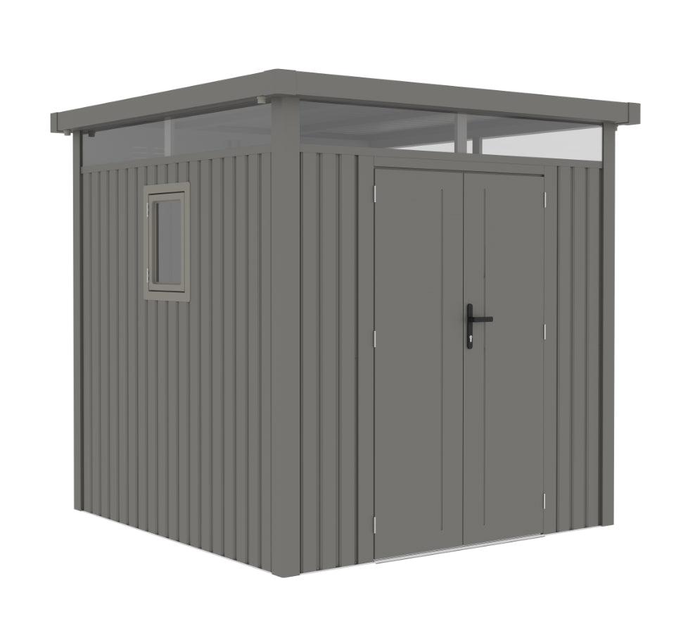 Casuta / magazie de gradina premium metalica KLUGMEISTER Anna-B, Gri Aluminiu, 230x230x222 cm, cu fereastra si baza metalica