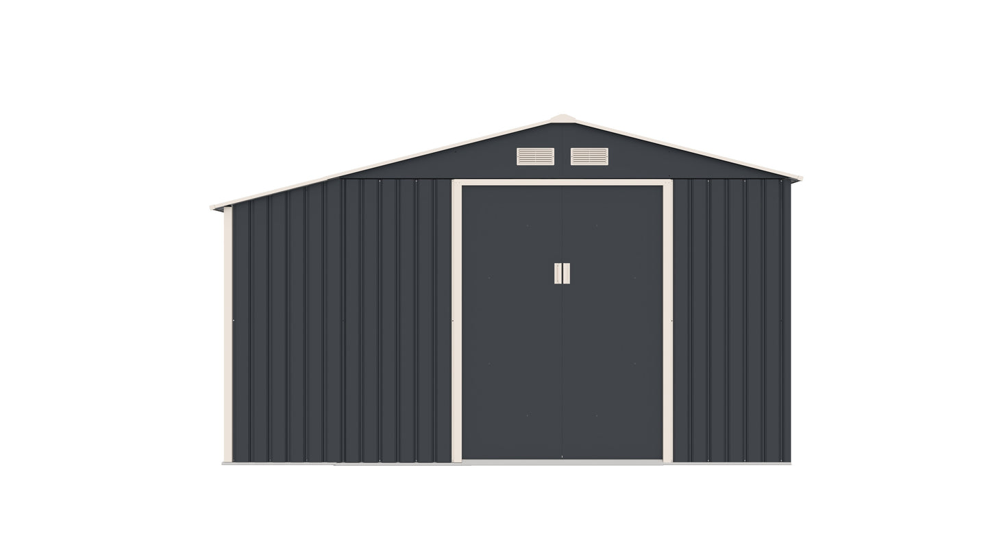 Casuta gradina metalica premium KLUGMEISTER Luke B, Gri/Bej, 267x181x203 cm, cu extensie pentru lemne, baza metalica si ventilatie