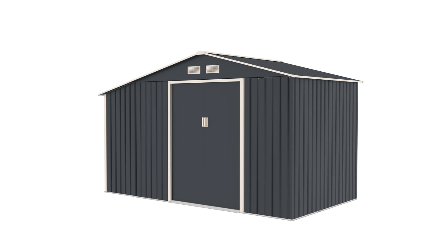 Casuta gradina metalica premium KLUGMEISTER Luke B, Gri/Bej, 267x181x203 cm, cu extensie pentru lemne, baza metalica si ventilatie