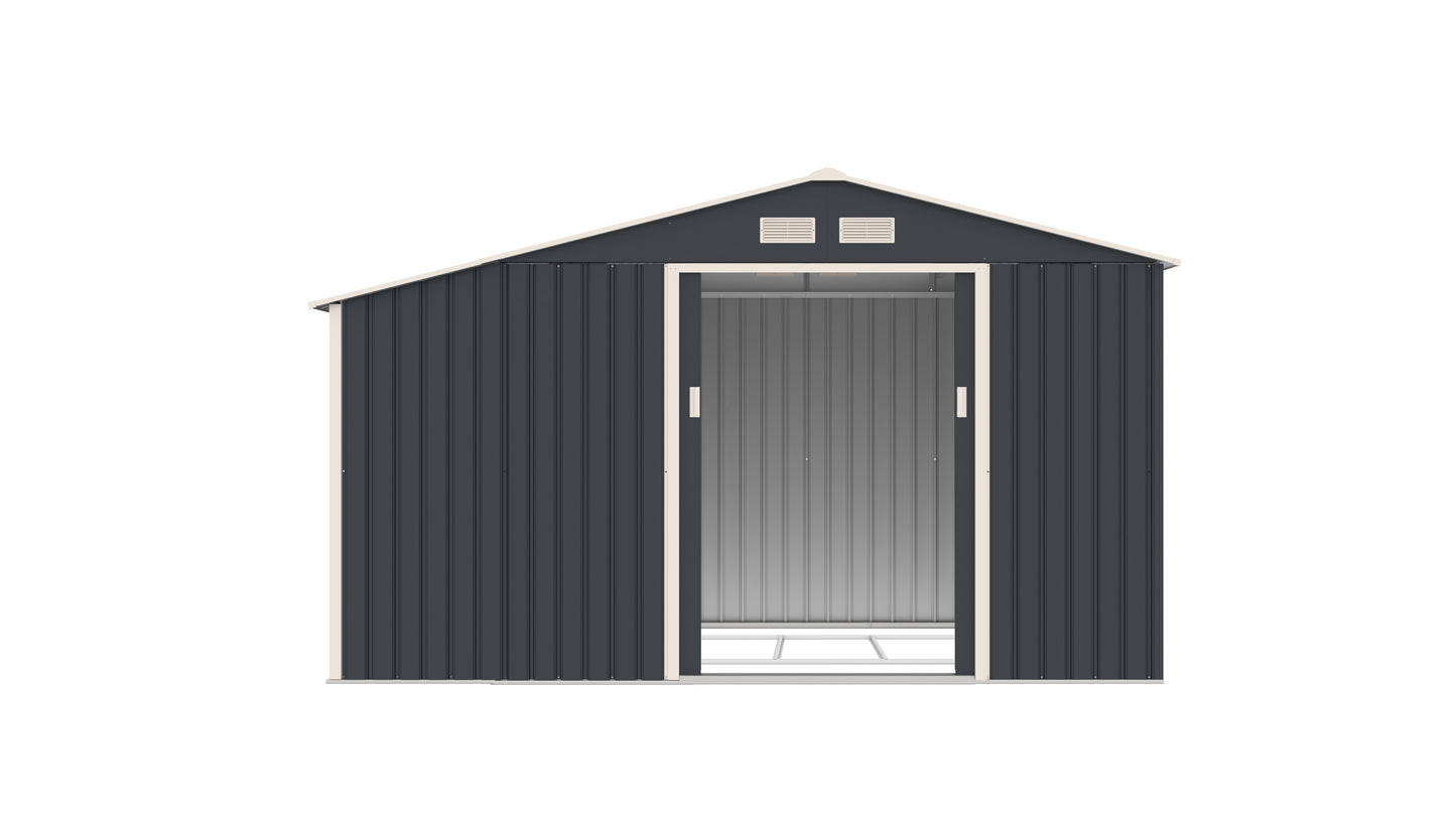 Casuta gradina metalica premium KLUGMEISTER Luke B, Gri/Bej, 267x181x203 cm, cu extensie pentru lemne, baza metalica si ventilatie