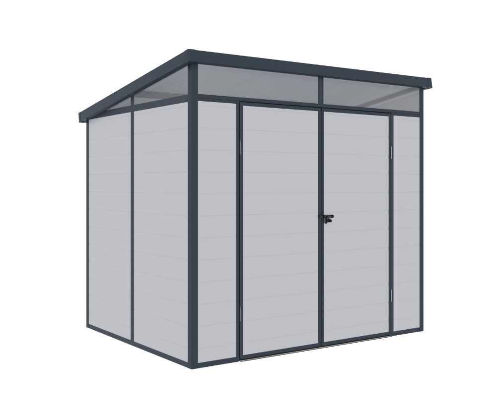 Casuta / magazie de gradina premium din material plastic, KLUGMEISTER Toya B Gri, dimensiuni 238x191x215 cm, cu baza metalica