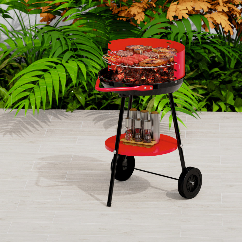 Gratar pe carbuni KLUGMEISTER KY23016A, material otel, circular, portabil, inaltime gatire 59-69 cm, cu roti deplasare