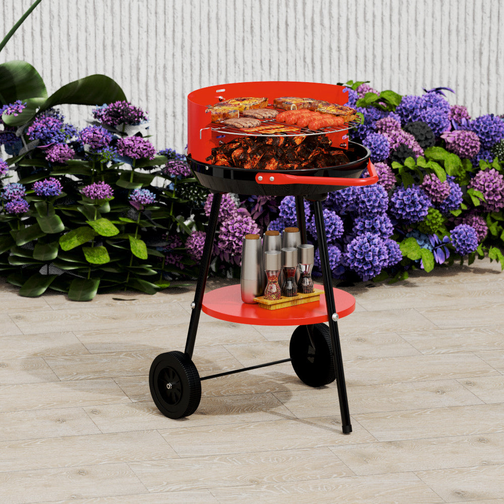 Gratar pe carbuni KLUGMEISTER KY23016A, material otel, circular, portabil, inaltime gatire 59-69 cm, cu roti deplasare