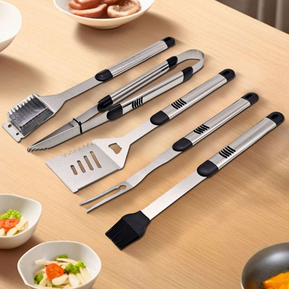 Set ustensile pentru gratar 5 piese KLUGMEISTER KY008, geanta inclusa, furculita + spatula + cleste + doua perii