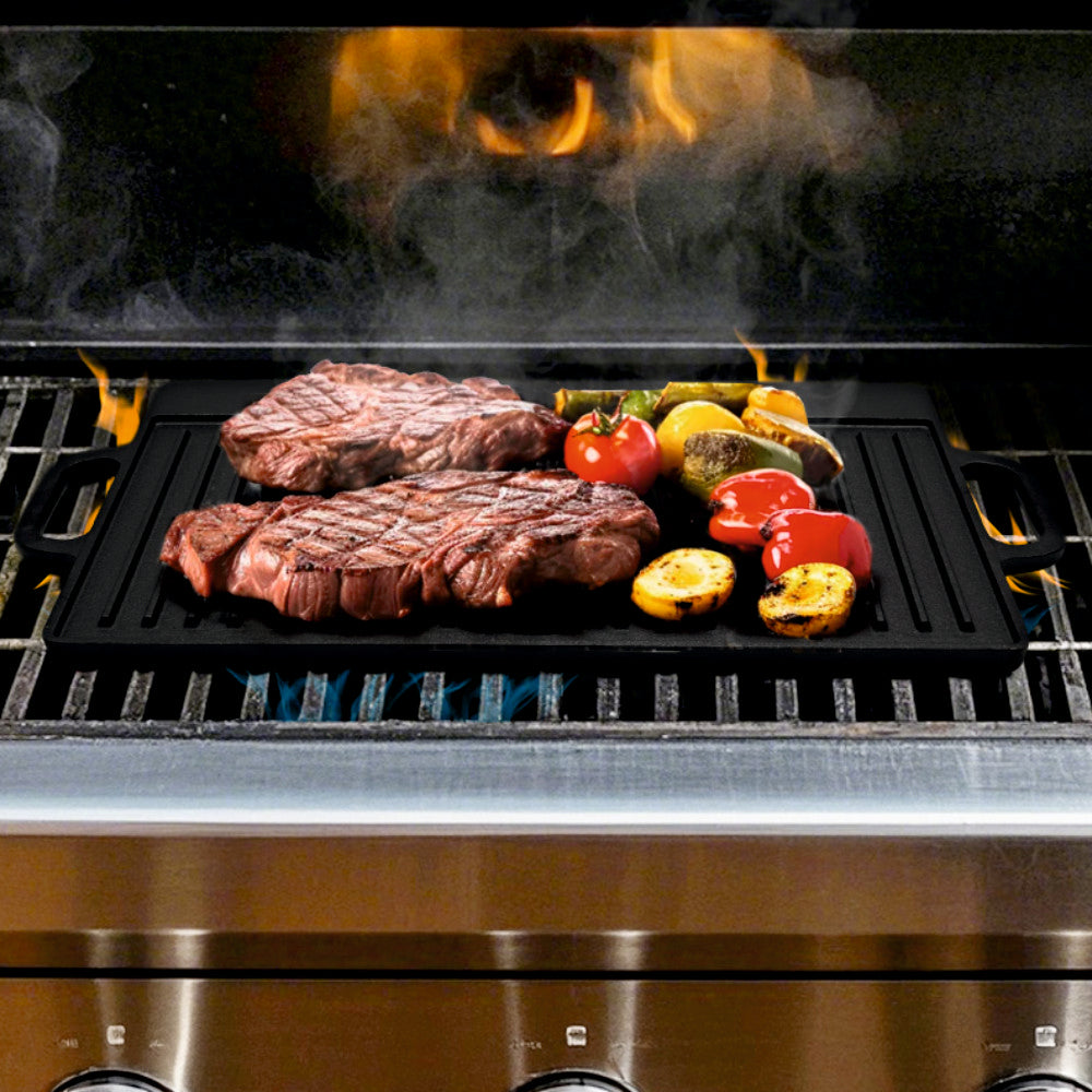 Tava dreptunghiulara din fonta pentru gratar KLUGMEISTER KY42, neagra, cu 2 fete