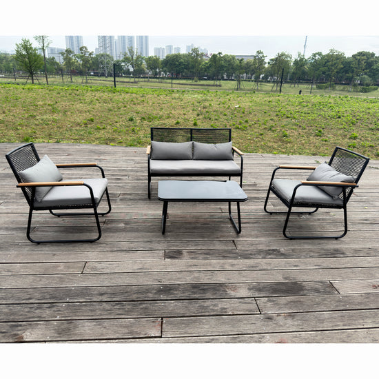 Set mobilier terasa/gradina KLUGMEISTER KJF3298, doua fotolii + canapea + masuta, cu perne incluse, culoare gri/negru