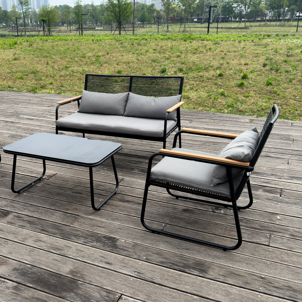 Set mobilier terasa/gradina KLUGMEISTER KJF3298, doua fotolii + canapea + masuta, cu perne incluse, culoare gri/negru