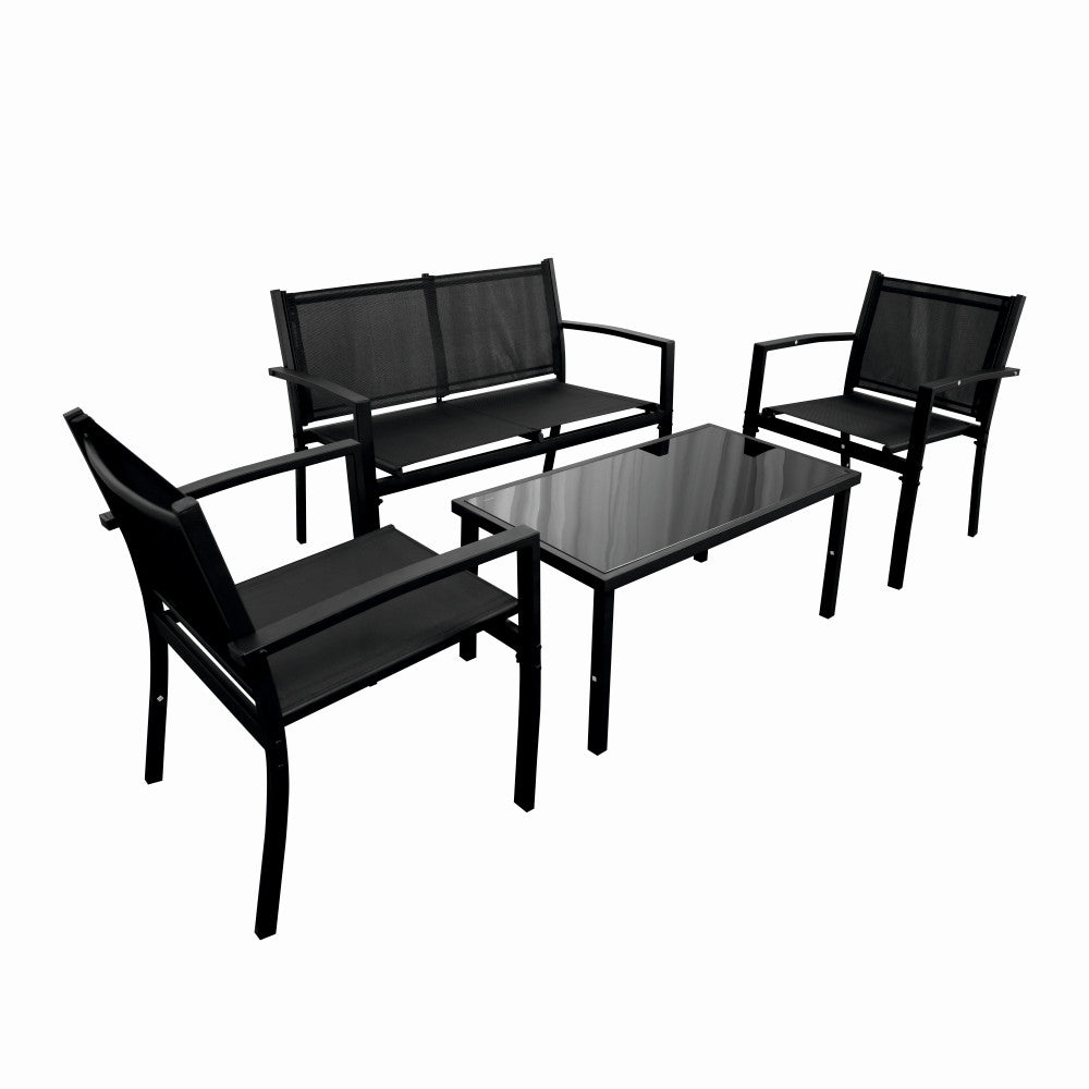 Set mobilier terasa/gradina KLUGMEISTER KJFT079, doua fotolii + canapea + masuta din sticla securizata, culoare neagra