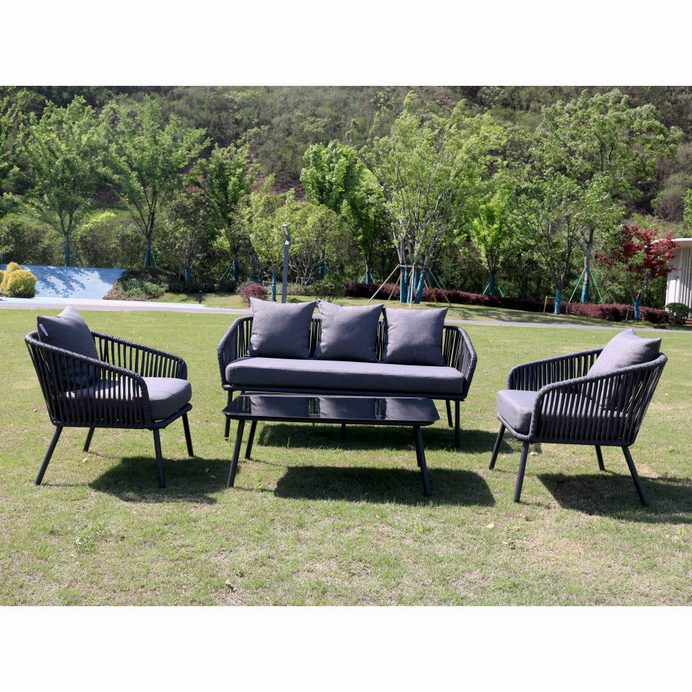 Set mobiler terasa/gradina din aluminiu KLUGMEISTER KJF10537, canapea + doua fotolii + masa din sticla (perne incluse), culoare gri