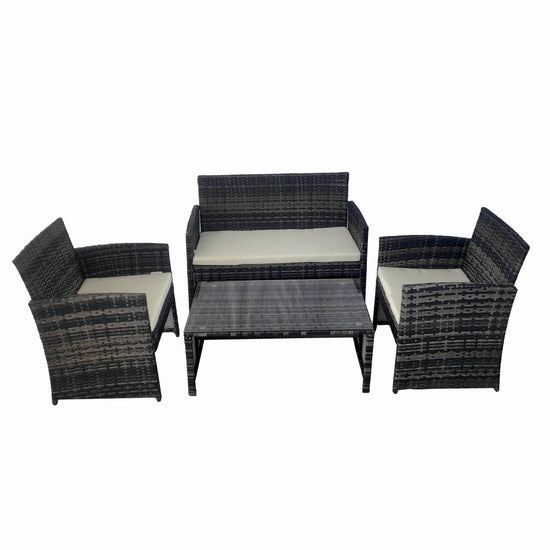 Set mobilier terasa/gradina tip ratan KLUGMEISTER KJFR030, canapea + doua fotolii + masuta din sticla securizata, culoare gri