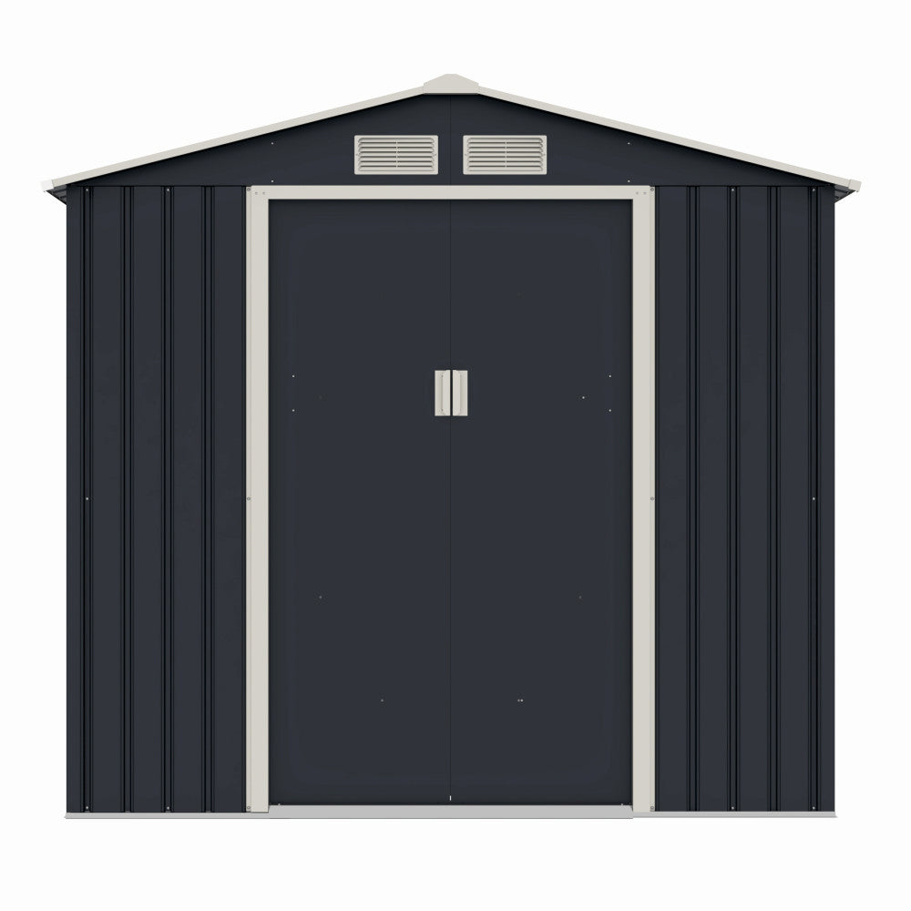 Casuta / magazie de gradina metalica ZEP Archer-A, 213x131x195 cm, Gri/Bej, cu usi culisante si baza metalica