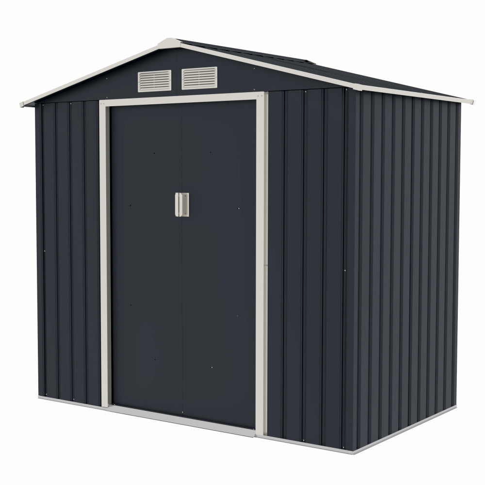 Casuta / magazie de gradina metalica ZEP Archer-A, 213x131x195 cm, Gri/Bej, cu usi culisante si baza metalica