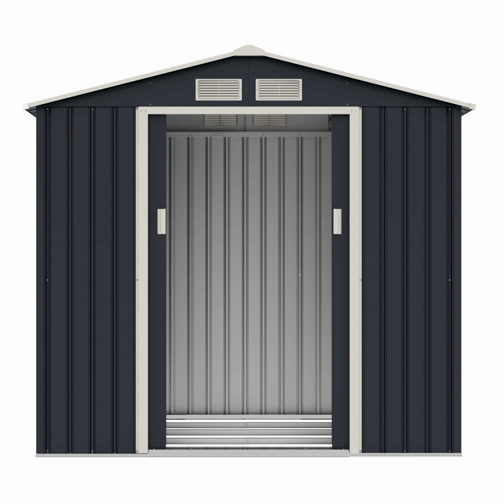 Casuta / magazie de gradina metalica ZEP Archer-A, 213x131x195 cm, Gri/Bej, cu usi culisante si baza metalica