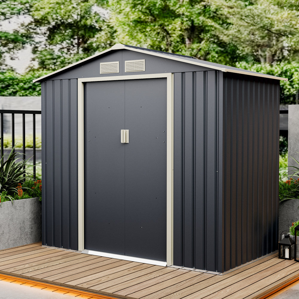 Casuta / magazie de gradina metalica ZEP Archer-A, 213x131x195 cm, Gri/Bej, cu usi culisante si baza metalica
