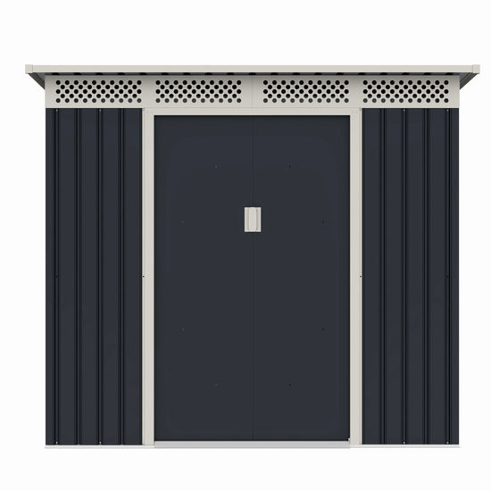 Casuta / magazie de gradina metalica ZEP Bella-A, 215x142x184 cm, Gri/Bej, cu usi culisante si baza metalica