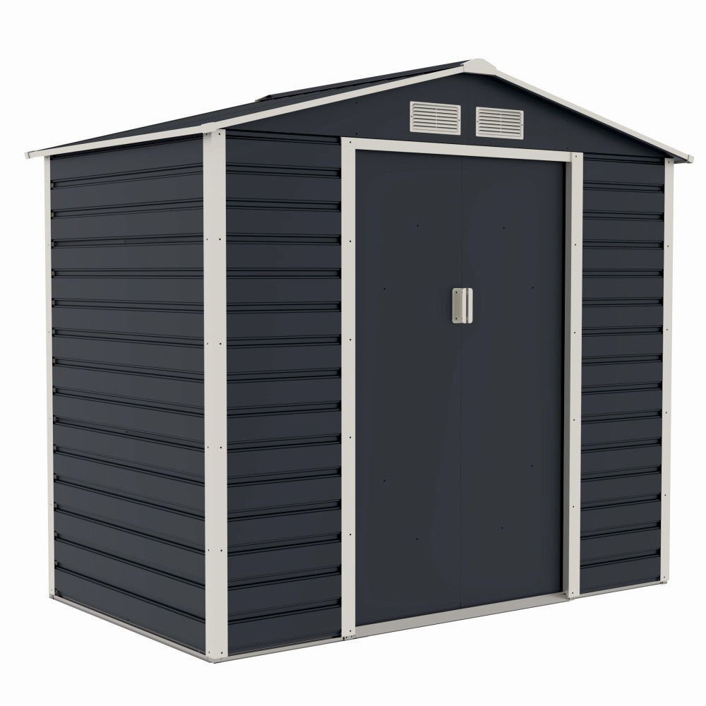 Casuta / magazie de gradina metalica ZEP Evan-A, 213x131x192 cm, Gri/Bej, cu usi culisante si baza metalica