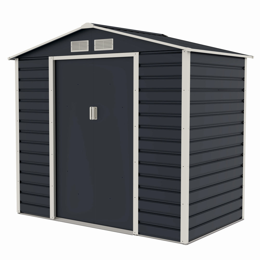 Casuta / magazie de gradina metalica ZEP Evan-A, 213x131x192 cm, Gri/Bej, cu usi culisante si baza metalica