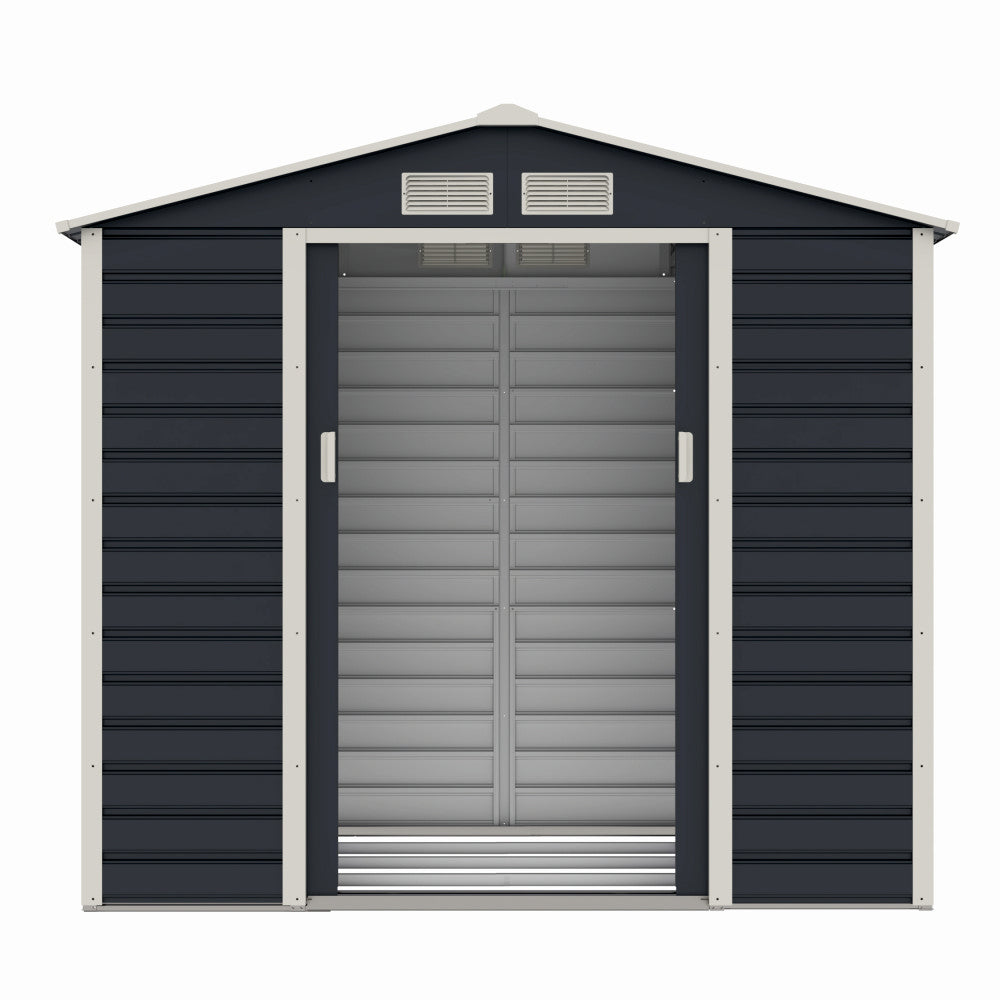 Casuta / magazie de gradina metalica ZEP Evan-A, 213x131x192 cm, Gri/Bej, cu usi culisante si baza metalica