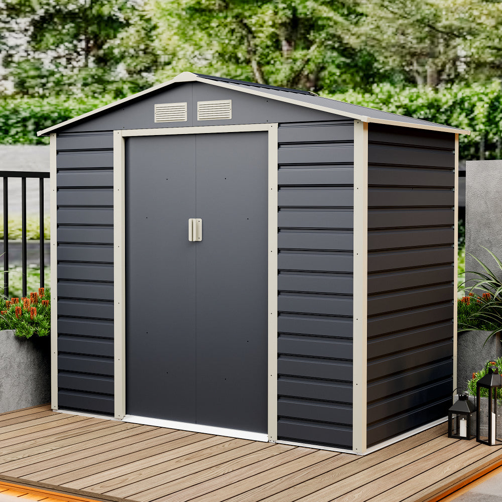 Casuta / magazie de gradina metalica ZEP Evan-A, 213x131x192 cm, Gri/Bej, cu usi culisante si baza metalica