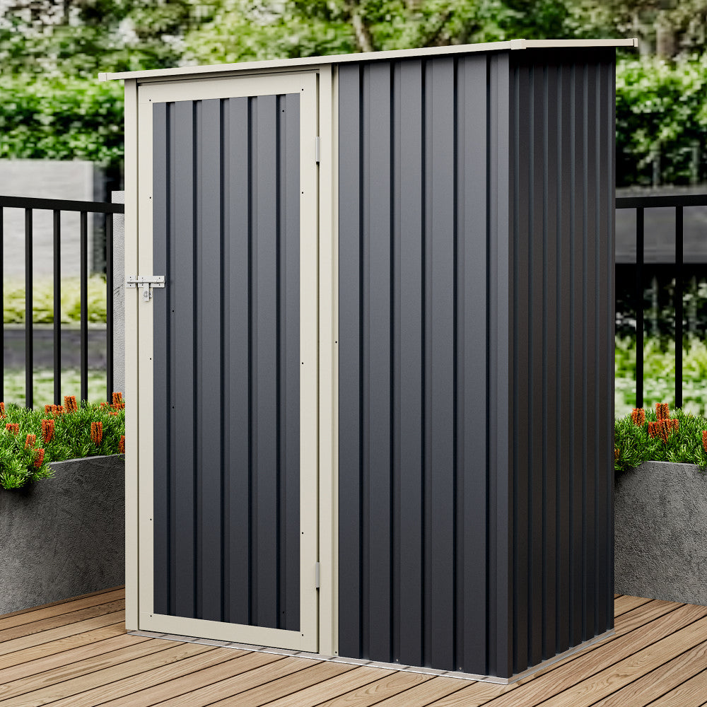 Casuta / magazie de gradina metalica ZEP Joy-A, 143x89x186 cm, Gri/Bej, cu usa pe balamale si baza metalica