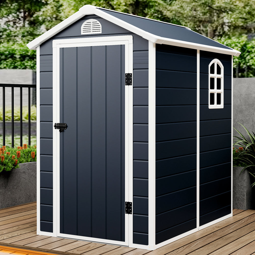 Casuta de gradina ZEP AVE-B, 134x192x204 cm, panel plastic 12 mm cu ranforsare metal, fereastra, ventilatie, baza inclusa