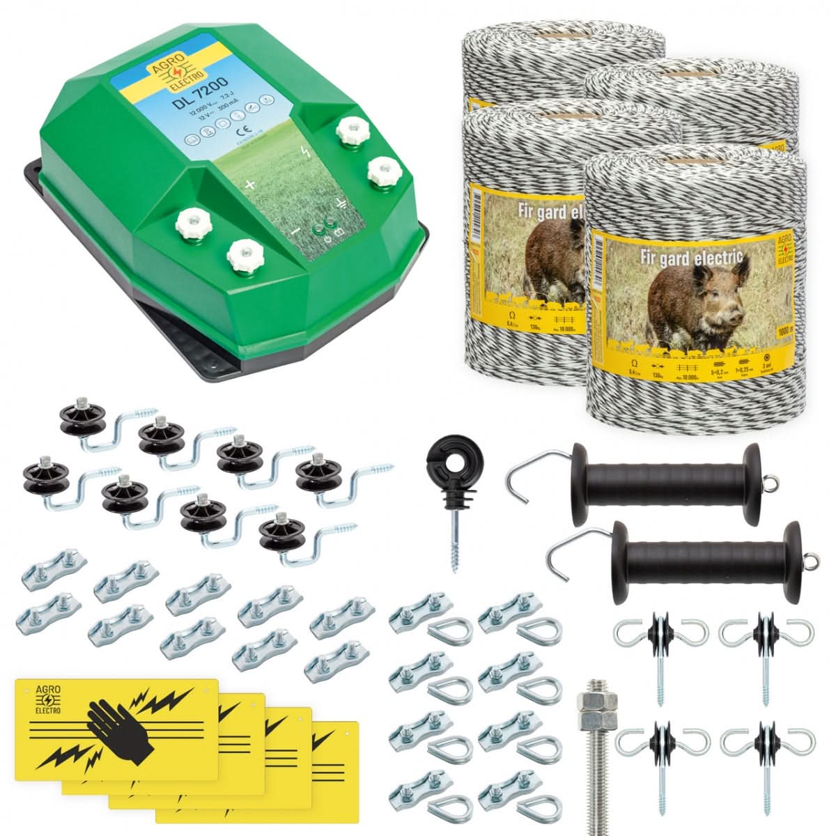 Pachet gard electric complet 4000m 7.2 Joule pentru animale salbatice fir izolatori maner poarta conectori