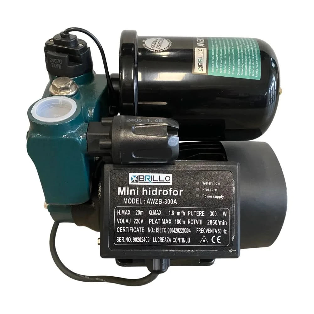 Mini hidrofor 300W, debit 1.8 mc/h, 20m refulare, 8m absorbtie, bobinaj cupru, carcasa fonta