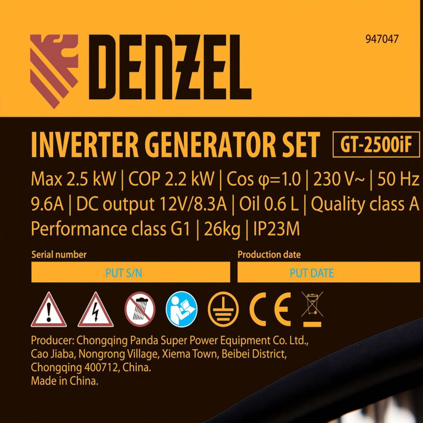 Generator cu invertor Denzel GT-2500iF, 2.5 kW, 230V, carcasa deschisa, pornire manuala, motor 212 cm³