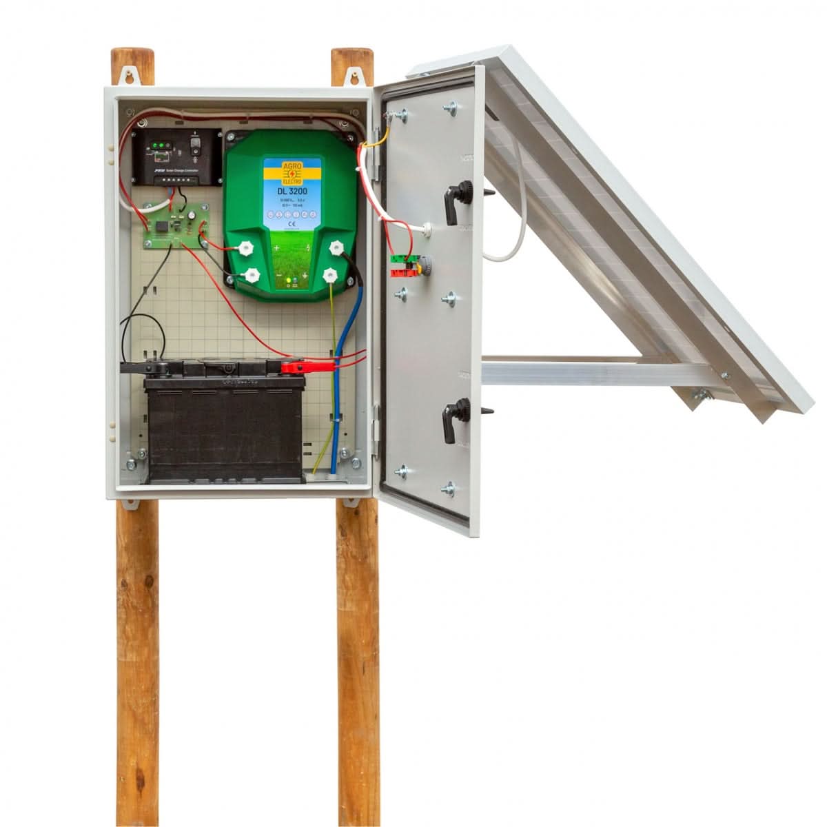 Sistem aparat gard electric (generator de impulsuri) DL 7200, cu panou solar 50 W, regulator de incarcare PWM 10 A, asamblat intr-o cutie metalica