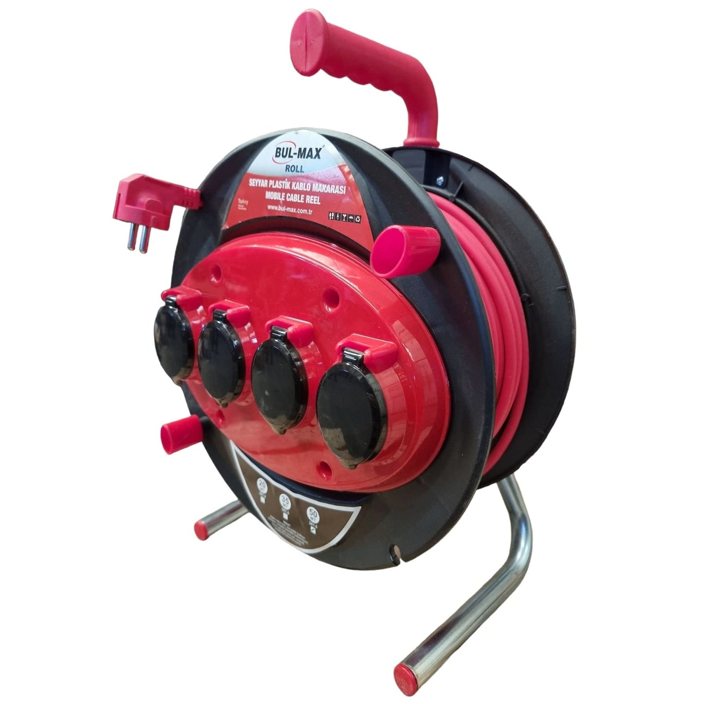 Prelungitor tambur Bulmax 20m, 3x2.5mm, 4 prize, 220V, maner ergonomic